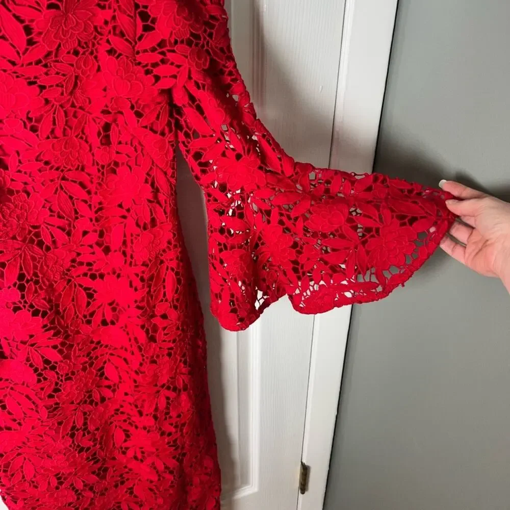 Shoshana Red Off The Shoulder Lace Harrison Sheath Tea Midi Length Dress 4